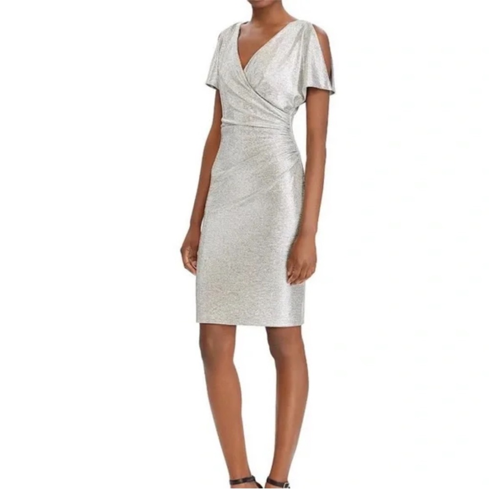 Ralph Lauren Silver Metallic Jersey Stretch Surplice Cold Shoulder size 14